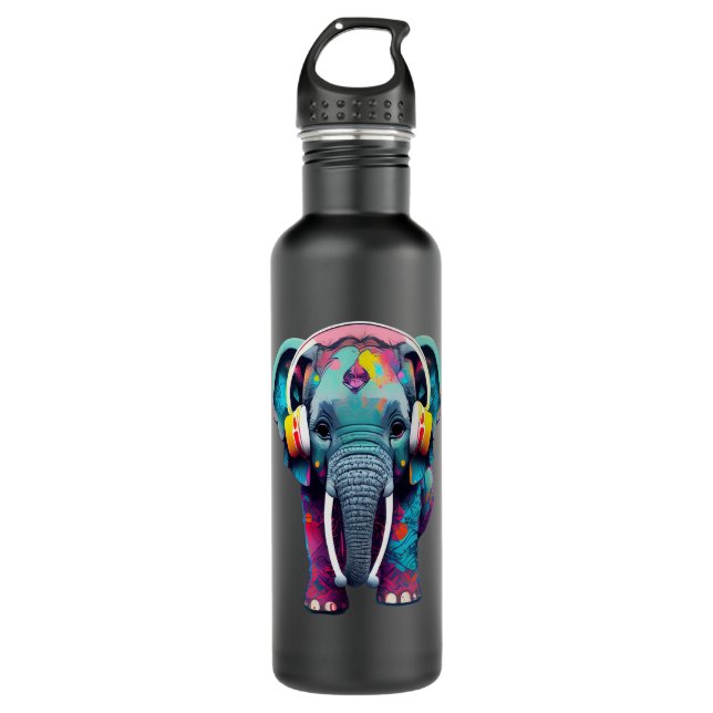Cute Baby Elephant with Headphones Stainless Steel Water Bottle (Front)