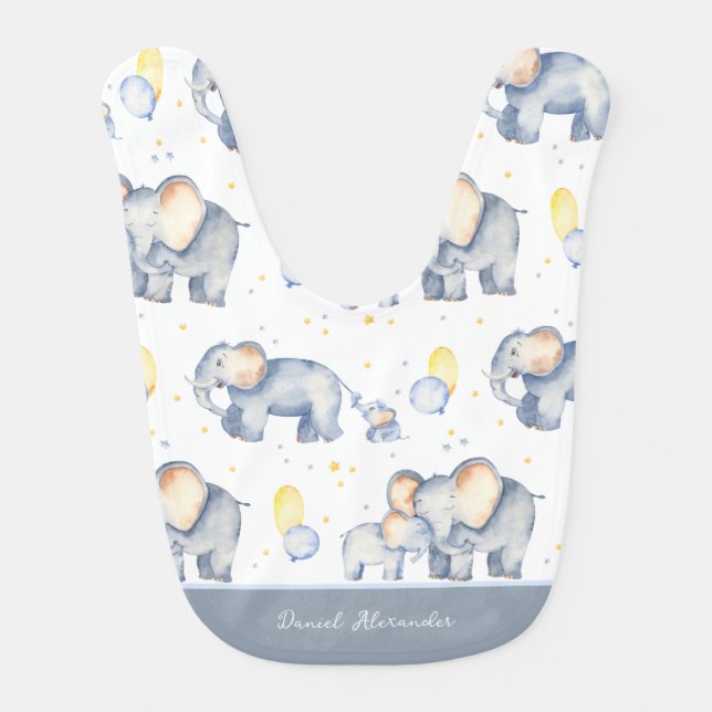 Cute Baby Elephant with Mommy Watercolor Baby Bib (Front)