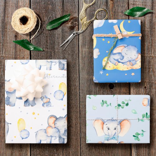 Cute Baby Elephant with Mommy Watercolor Boy Wrapping Paper Sheets