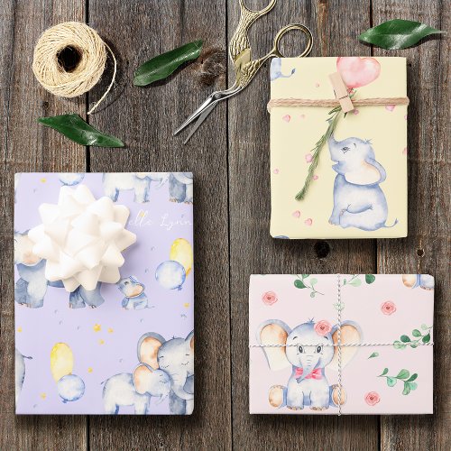 Cute Baby Elephant with Mommy Watercolor Girl Wrapping Paper Sheets