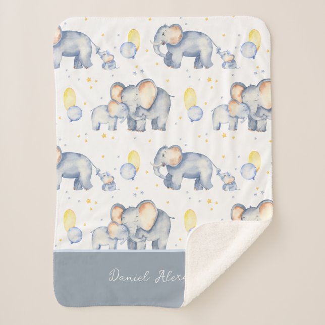 Cute Baby Elephant with Mommy Watercolor Sherpa Blanket (Front)