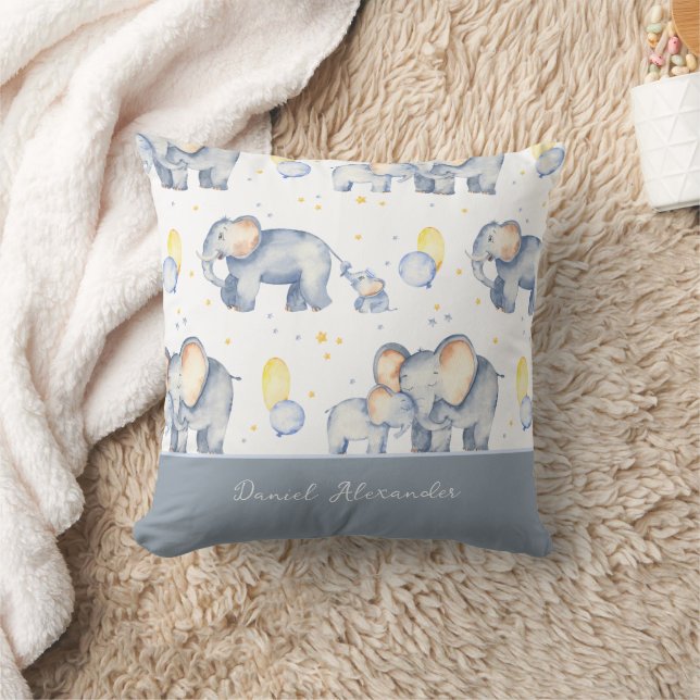 Cute Baby Elephant with Mommy Watercolor Throw Pillow (Blanket)