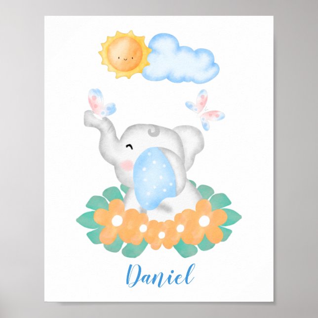Cute Baby Elephant with orange flowers poster (Front)