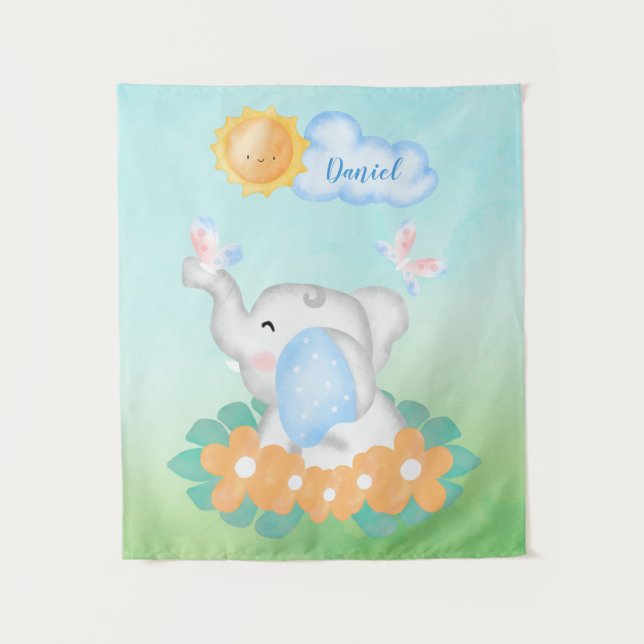 Cute Baby Elephant with orange flowers Tapestry (Front)
