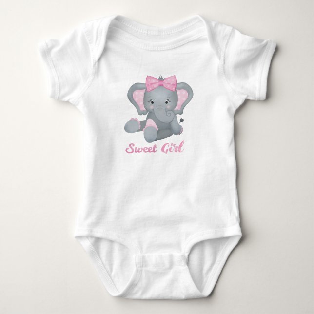 Cute baby elephant with pink bow bodysuit (Front)