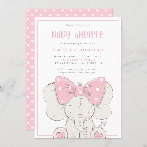 Cute Baby Elephant With Pink Bow Girl Baby Shower Invitation - Girl's elephant baby shower invitations with adorable baby elephant wearing a pink bow on a simple white background. These whimsical baby shower invitations have easy-to-customize templates for your event details. Choose from 12 unique paper types, two printing options and six shapes to design an invite that's perfect for you.