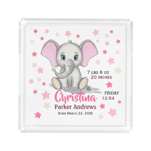 Cute Baby Elephant with Pink Ears Girl Birth Stats Acrylic Tray
