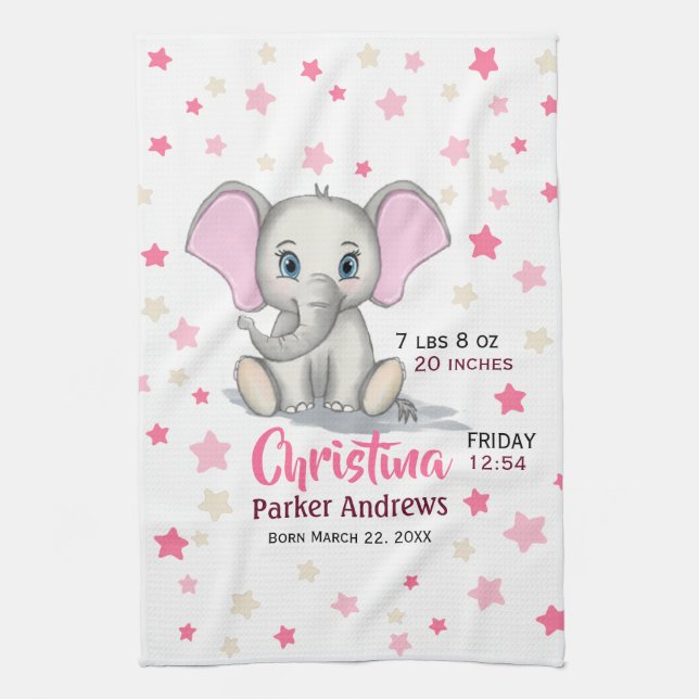 Cute Baby Elephant with Pink Ears Girl Birth Stats Kitchen Towel (Vertical)