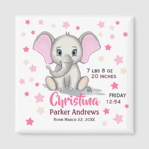 Cute Baby Elephant with Pink Ears Girl Birth Stats Magnet