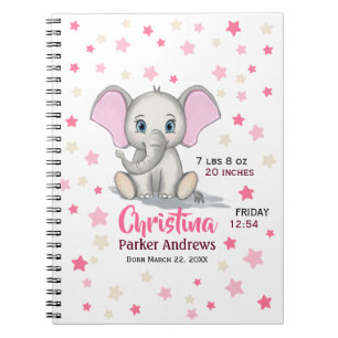 Cute Baby Elephant with Pink Ears Girl Birth Stats Notebook