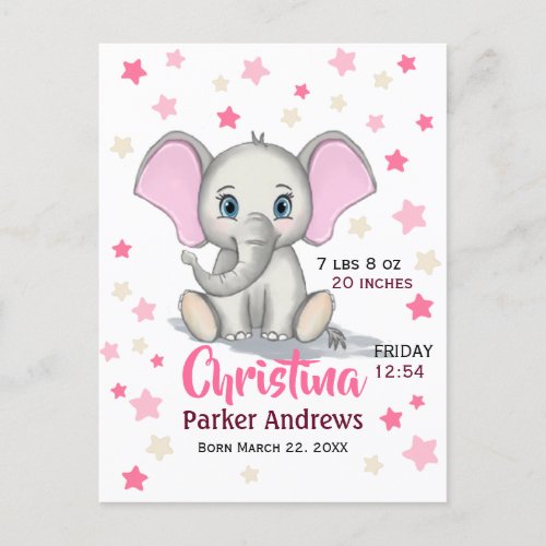 Cute Baby Elephant with Pink Ears Girl Birth Stats Postcard