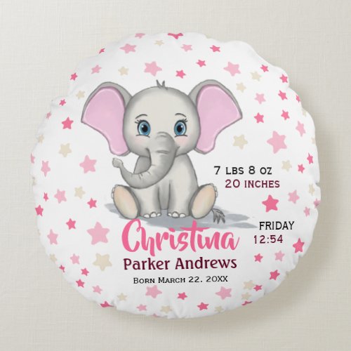 Cute Baby Elephant with Pink Ears Girl Birth Stats Round Pillow