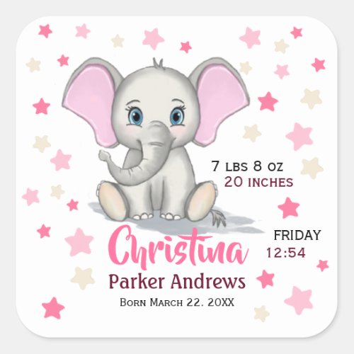 Cute Baby Elephant with Pink Ears Girl Birth Stats Square Sticker