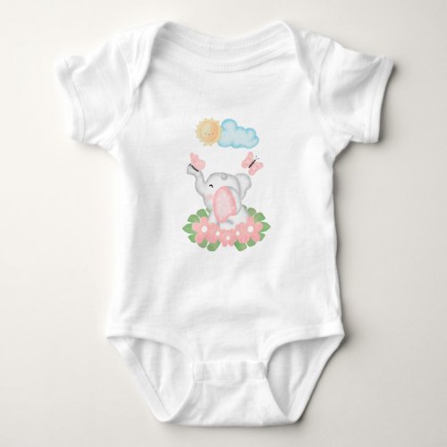 Cute Baby Elephant with pink flowers Baby Bodysuit