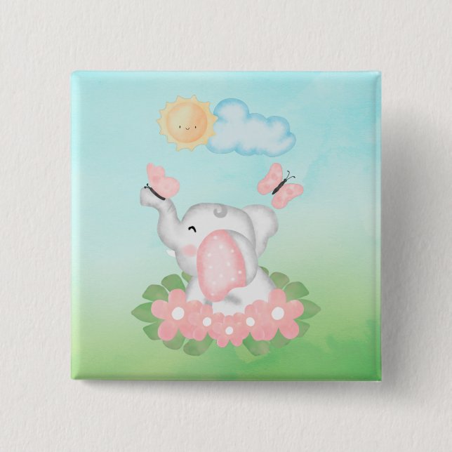 Cute Baby Elephant with pink flowers  Button (Front)