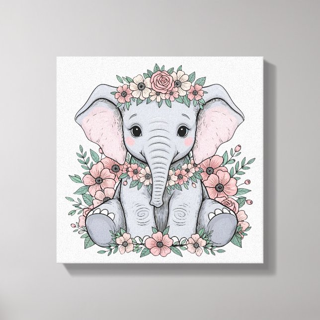 Cute Baby Elephant with Pink Flowers Canvas Print (Front)