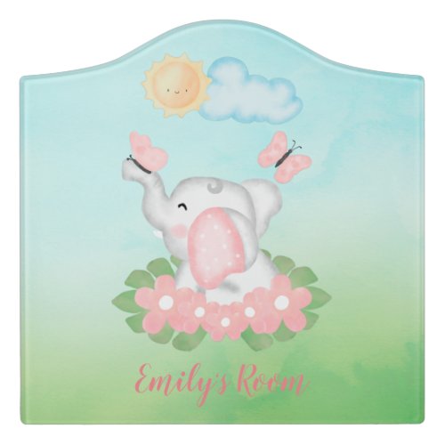 Cute Baby Elephant with pink flowers  Door Sign
