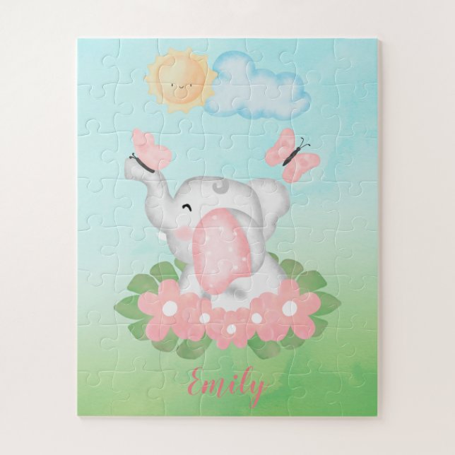 Cute Baby Elephant with pink flowers  Jigsaw Puzzle (Vertical)