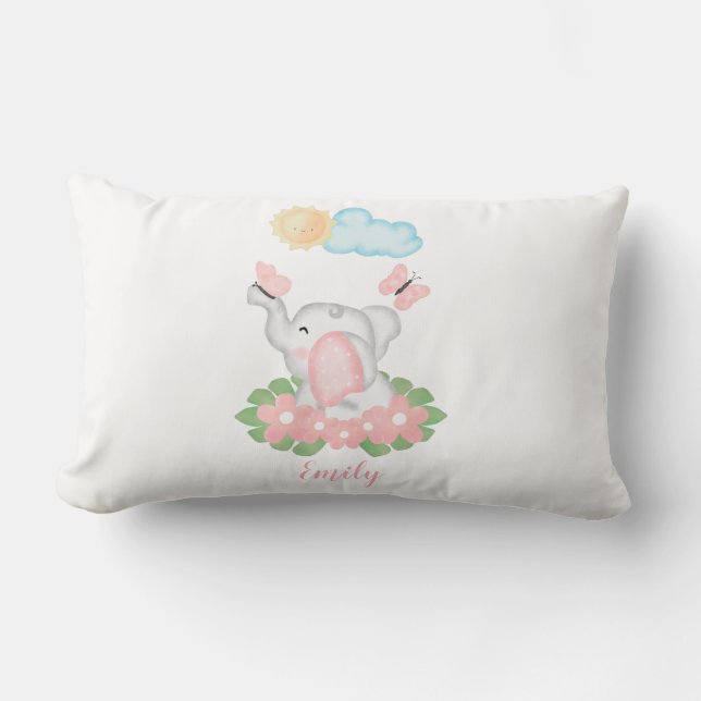 Cute Baby Elephant with pink flowers  Lumbar Pillow (Front)
