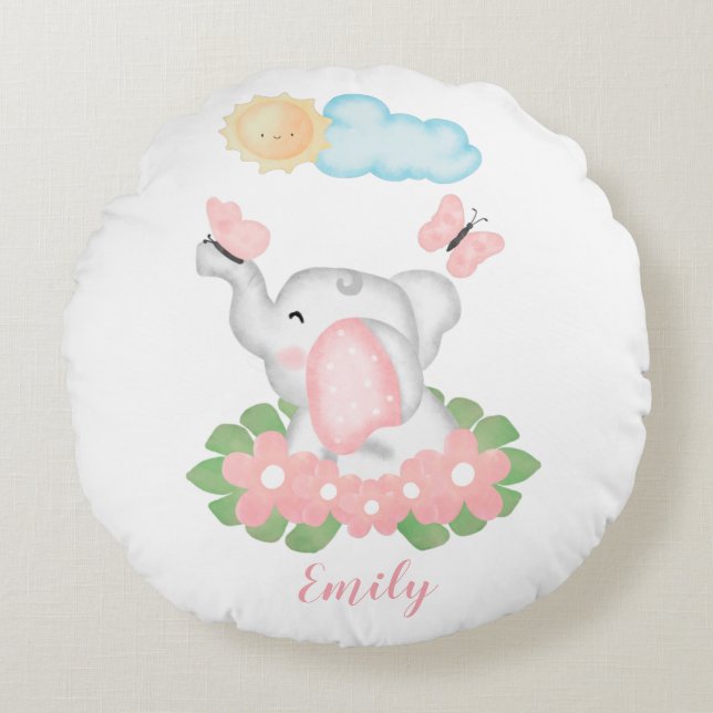 Cute Baby Elephant with pink flowers  Round Pillow (Front)