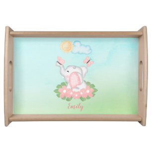 Cute Baby Elephant with pink flowers  Serving Tray