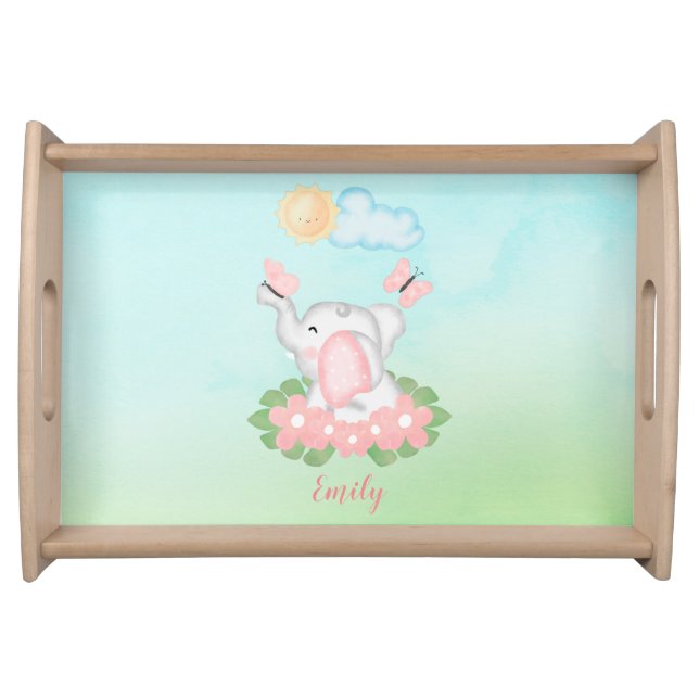 Cute Baby Elephant with pink flowers  Serving Tray (Front)