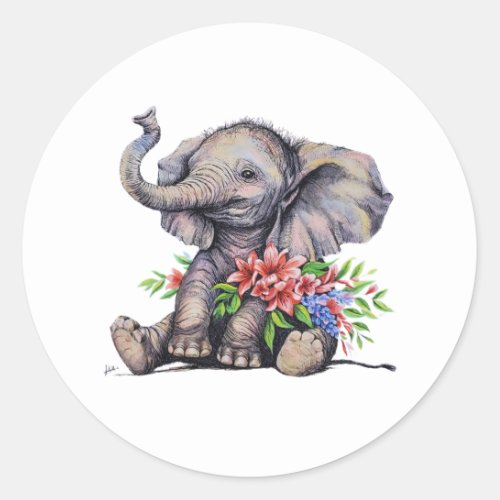 Cute Baby Elephant with Pink Flowers Sticker