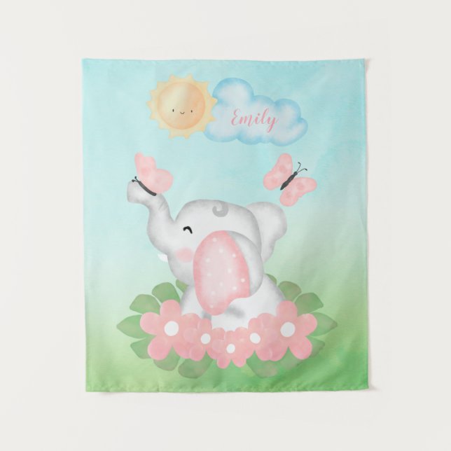 Cute Baby Elephant with pink flowers  Tapestry (Front)