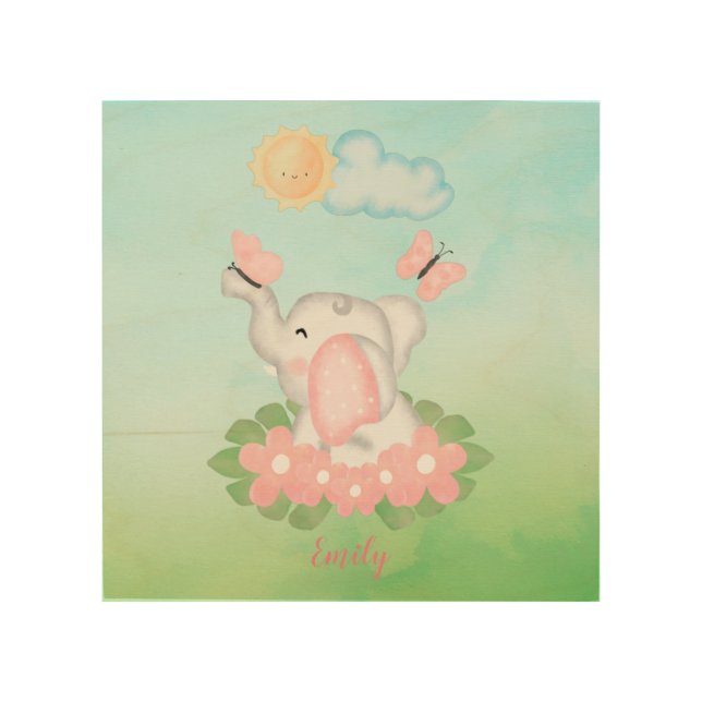 Cute Baby Elephant with pink flowers  Wood Wall Art (Front)