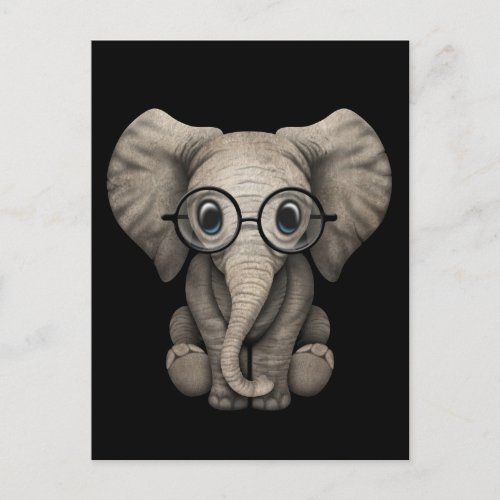 Cute Baby Elephant with Reading Glasses Black Postcard