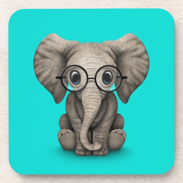 Cute Baby Elephant with Reading Glasses Blue Beverage Coaster (Front)