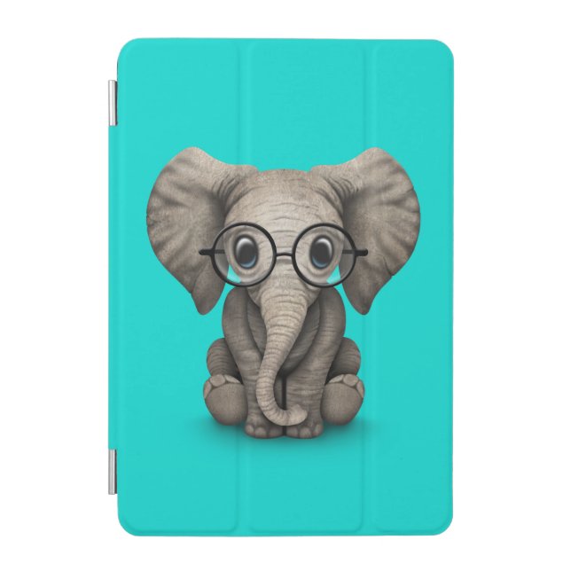 Cute Baby Elephant with Reading Glasses Blue iPad Mini Cover (Front)