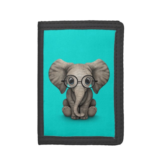 Cute Baby Elephant with Reading Glasses Blue Tri-fold Wallet (Front Vertical)