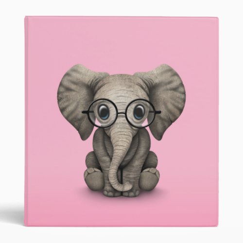 Cute Baby Elephant with Reading Glasses Pink Binder