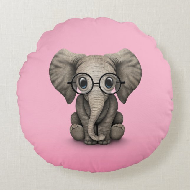 Cute Baby Elephant with Reading Glasses Pink Round Pillow (Front)