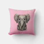 Cute Baby Elephant With Reading Glasses Pink Throw Pillow at Zazzle