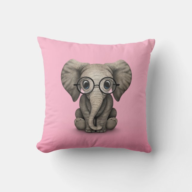 Cute Baby Elephant with Reading Glasses Pink Throw Pillow (Front)