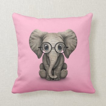 Cute Baby Elephant With Reading Glasses Pink Throw Pillow by crazycreatures at Zazzle