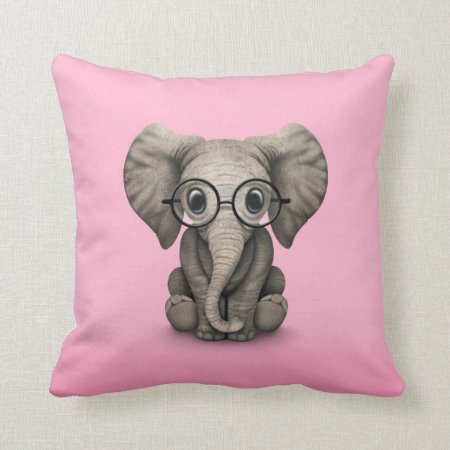 Cute Baby Elephant With Reading Glasses Pink Throw Pillow