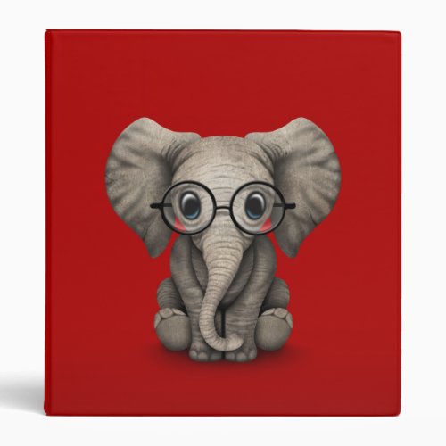 Cute Baby Elephant with Reading Glasses Red 3 Ring Binder