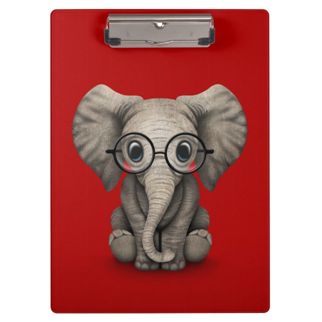 Cute Baby Elephant with Reading Glasses Red Clipboard (Front)