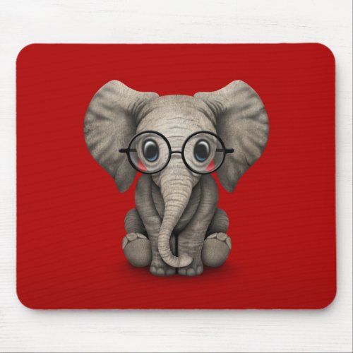 Cute Baby Elephant with Reading Glasses Red Mouse Pad