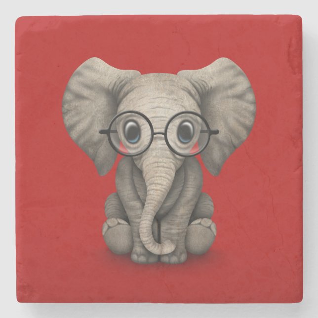 Cute Baby Elephant with Reading Glasses Red Stone Coaster (Front)