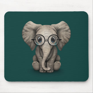 Cute Baby Elephant with Reading Glasses Teal Mouse Pad