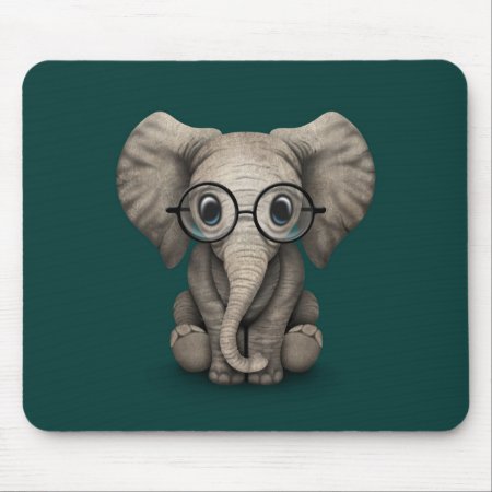 Cute Baby Elephant With Reading Glasses Teal Mouse Pad