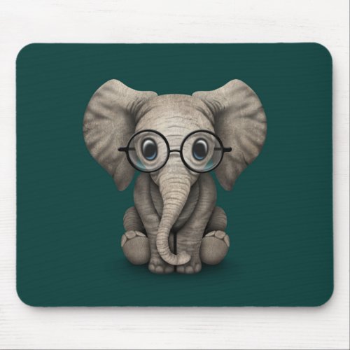 Cute Baby Elephant with Reading Glasses Teal Mouse Pad