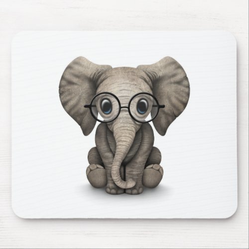 Cute Baby Elephant with Reading Glasses White Mouse Pad