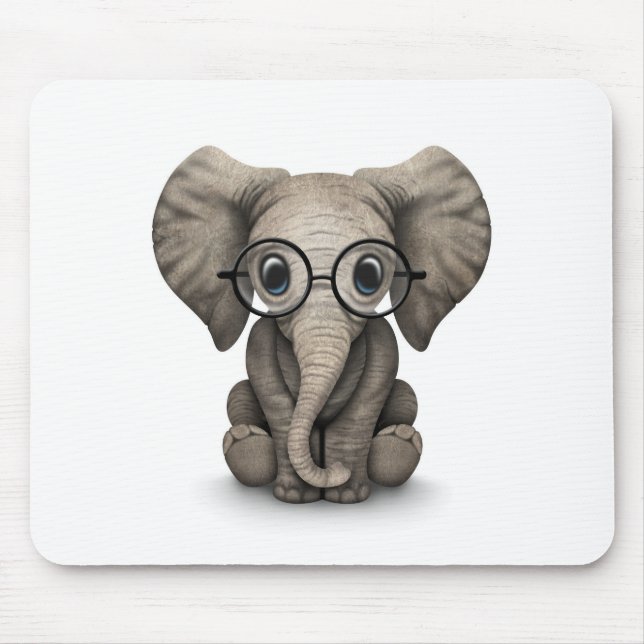 Cute Baby Elephant with Reading Glasses White Mouse Pad (Front)