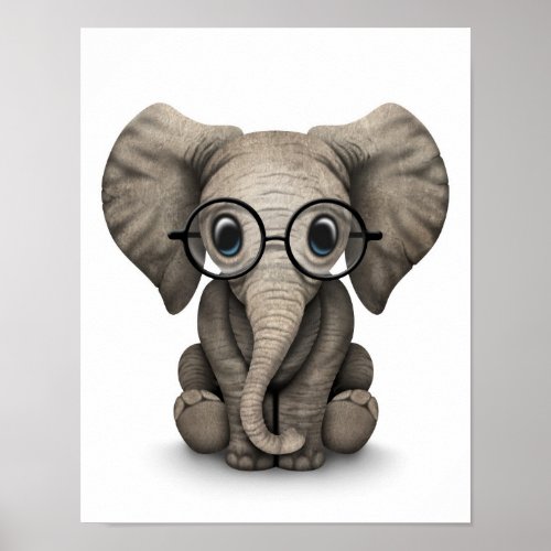 Cute Baby Elephant with Reading Glasses White Poster