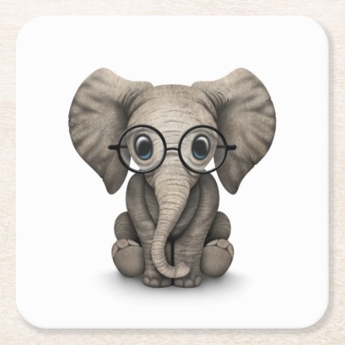 Cute Baby Elephant with Reading Glasses White Square Paper Coaster